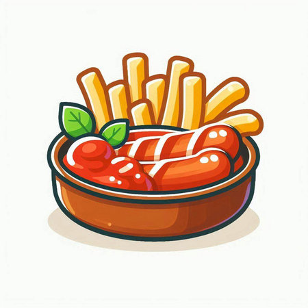 Sausage and French fries in a wooden bowl. Vector illustration.のイラスト素材