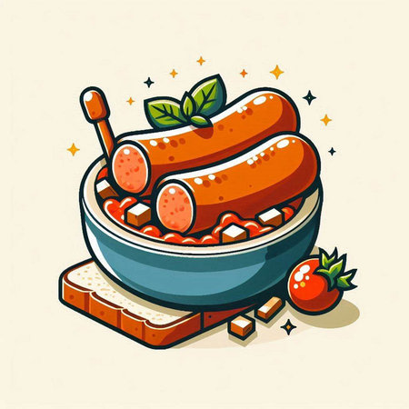 Sausage in bowl with bread and strawberry. Vector illustration.のイラスト素材