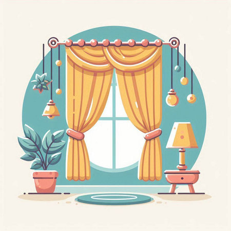 Curtains in a room interior. Vector illustration in flat styleのイラスト素材