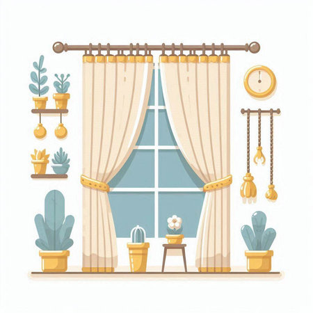 Curtains in the room. Vector illustration in flat style.のイラスト素材
