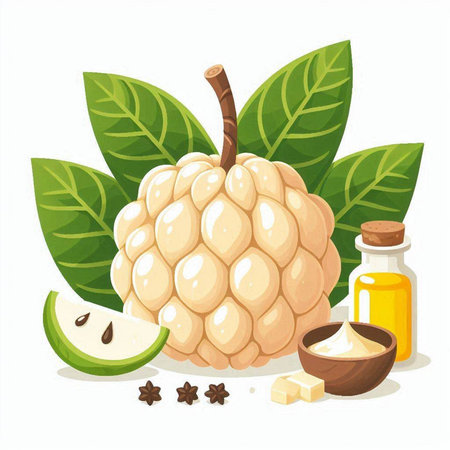 Illustration of custard apple and its ingredients. Vector illustration.のイラスト素材