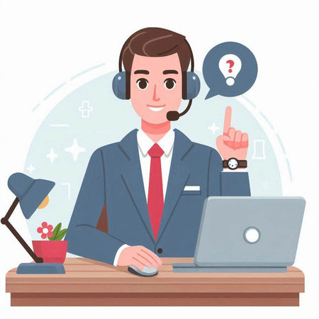 Call center operator with headset and laptop. Flat style vector illustration.のイラスト素材