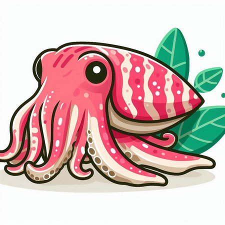 Illustration of a Cute Octopus with Green Leaves on White Backgroundのイラスト素材