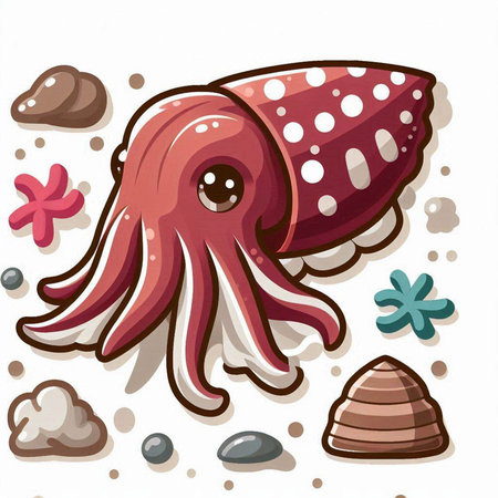 Illustration of a Cute Cartoon Octopus with Sea Shellsのイラスト素材