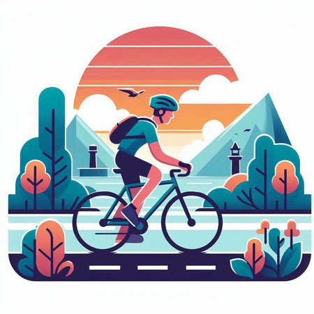 Cyclist rides on the road in the park. Vector illustrationのイラスト素材