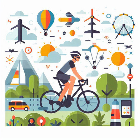 Cyclist riding bicycle in park, flat vector illustration. Sport and active lifestyle concept.のイラスト素材