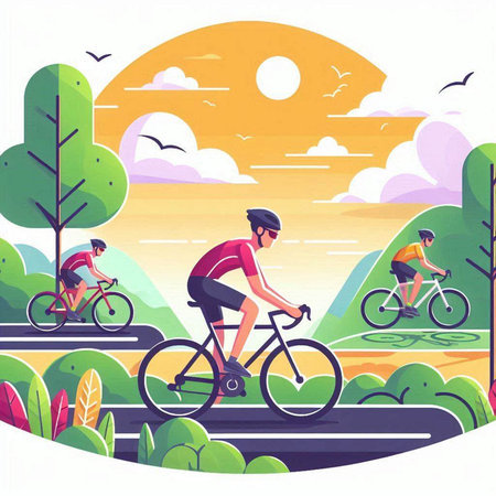 Cyclists riding in the park. Flat style vector illustration.のイラスト素材