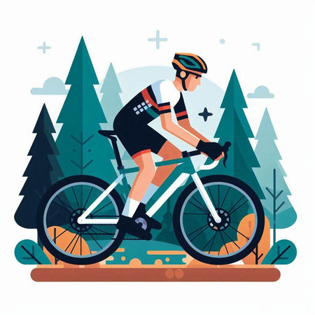 Cyclist riding bicycle in forest. Vector illustration in flat styleのイラスト素材