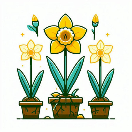 Daffodils in pots on white background. Vector illustration.のイラスト素材