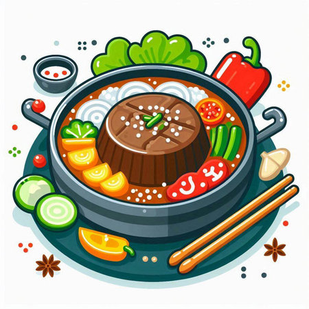 Cartoon illustration of japanese hot pot with beef and vegetablesのイラスト素材