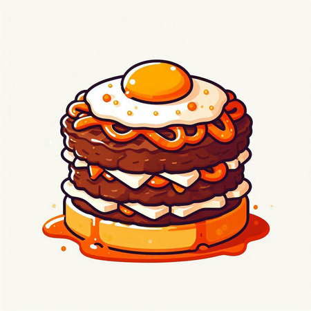 Vector hand drawn illustration of a hamburger with a fried egg.のイラスト素材
