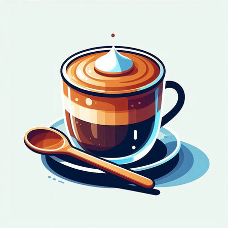 Coffee cup with spoon and drops of milk. Vector illustrationのイラスト素材