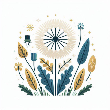 Vector illustration with dandelion flowers and leaves in flat style.のイラスト素材