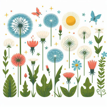 Flower background with dandelion flowers and butterflies. Vector illustration.のイラスト素材