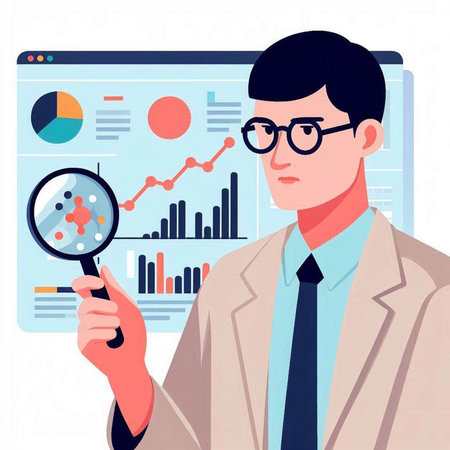 Businessman analyzing financial data. Vector illustration in flat cartoon style.のイラスト素材