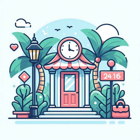 Vector illustration of building with clock, palm trees and lanterns on the background.のイラスト素材