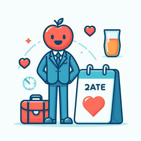 Funny man with a red apple and a calendar. Vector illustration.のイラスト素材