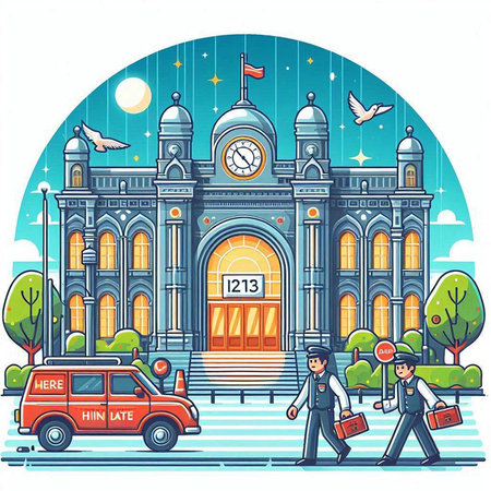Vector illustration of the entrance to the railway station with a taxi.のイラスト素材