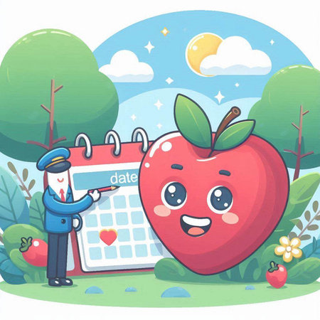 Illustration of a Cute Cartoon Man Holding a Calendar and a Red Appleのイラスト素材
