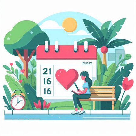 Calendar and woman sitting on a bench in the park. Vector illustrationのイラスト素材
