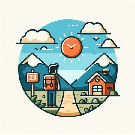 Hiking round icon. Vector illustration in flat linear design style.のイラスト素材