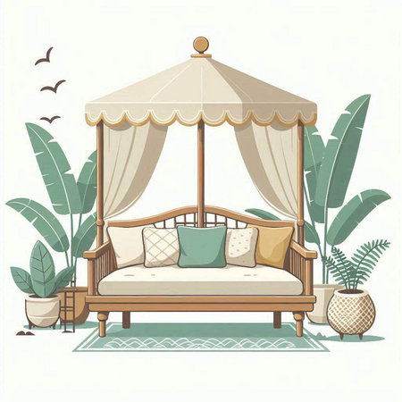 Illustration of a vintage wooden sofa with pillows and a canopy.のイラスト素材