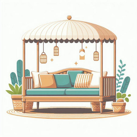 Vector illustration of a wooden gazebo with pillows.のイラスト素材