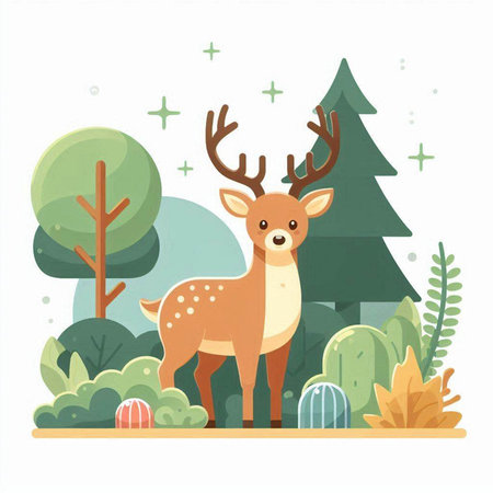 Cute deer in the forest. Vector illustration in flat style.のイラスト素材