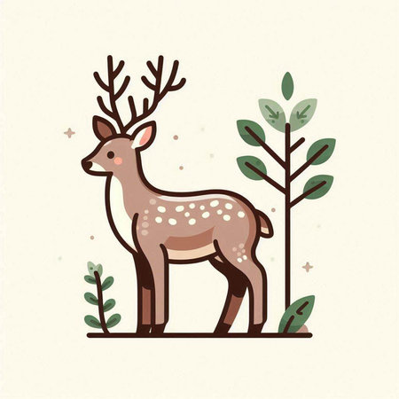 Cute deer in the forest. Vector illustration in flat style.のイラスト素材