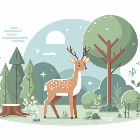 Cute deer in the forest. Vector illustration in flat style.のイラスト素材