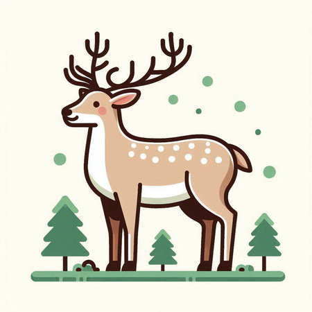Vector illustration of a cute deer with antlers and pine trees.のイラスト素材