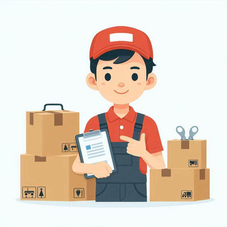Courier holding clipboard with checklist. Delivery service concept. Vector illustration in cartoon style.のイラスト素材