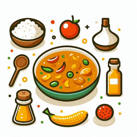 Vector illustration of Indian curry in bowl with ingredients on white background.のイラスト素材