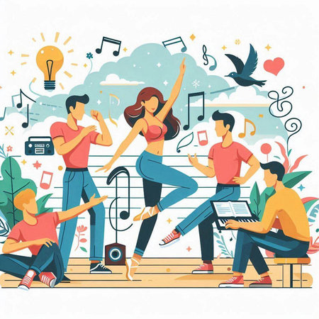 Music Festival. Young people dancing and singing. Vector illustration in flat styleのイラスト素材