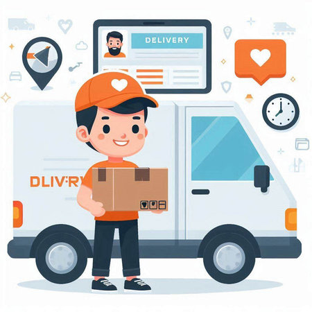 Courier man with parcel. Delivery service concept. Vector illustrationのイラスト素材