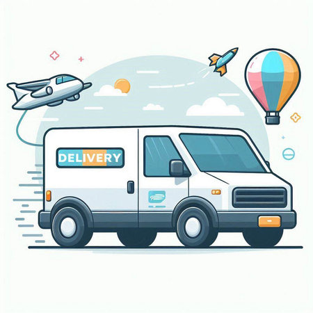 Vector illustration of a delivery van on the background of the sky.のイラスト素材