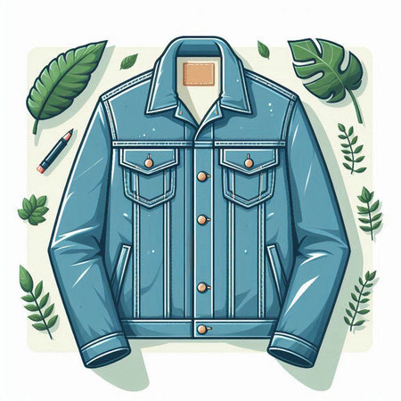 Vector illustration of a blue jacket on a white background with leaves.のイラスト素材