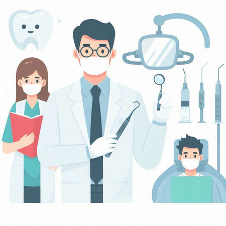 Dentist and patient with dental tools. Vector illustration in cartoon styleのイラスト素材