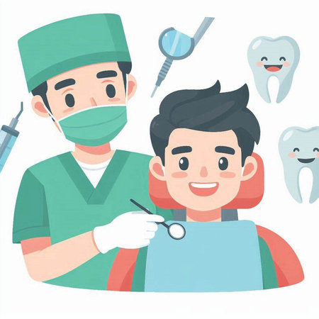 Dentist and patient with dental tools. Vector illustration in cartoon style.のイラスト素材