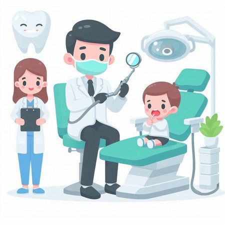 Dentist and patient in dental office. Vector illustration in cartoon style.のイラスト素材