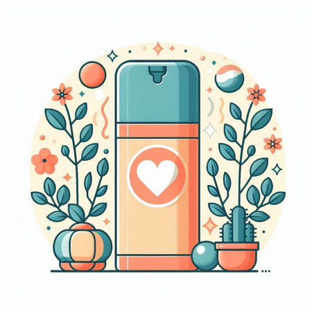 Cosmetic bottle with heart and floral elements. Vector illustration in flat style.のイラスト素材