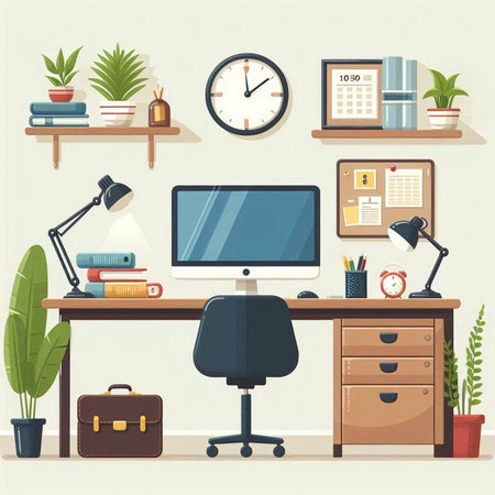 Workplace interior. Workplace with computer, books, stationery and plants. Vector illustrationのイラスト素材