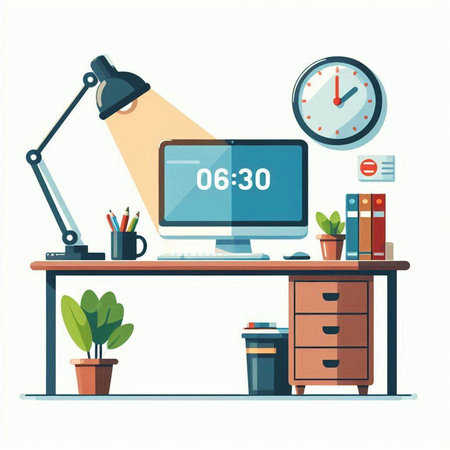 Vector illustration of office workplace. Workplace with computer, lamp, coffee cup, plant and clock.のイラスト素材
