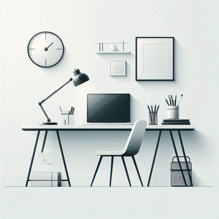 Interior of modern office with white walls, concrete floor, white computer table with chair, bookshelf with folders and picture frame. 3d renderingのイラスト素材