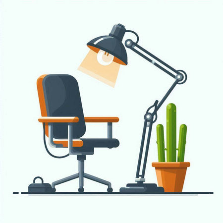 Office chair with table lamp and cactus. Vector illustration in flat styleのイラスト素材