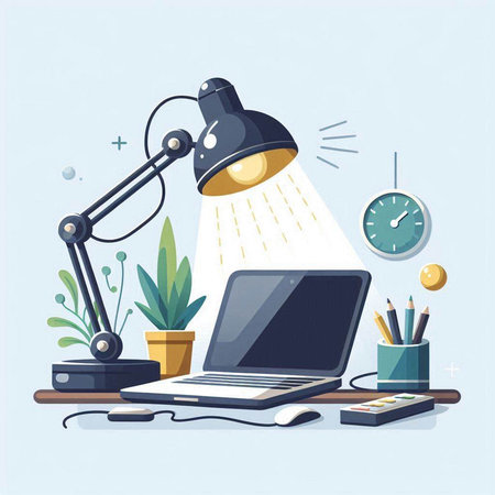 Flat design modern vector illustration concept of working from home. Laptop, lamp and office supplies on table.のイラスト素材