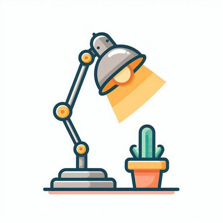 Table lamp and cactus in pot. Vector illustration in flat styleのイラスト素材