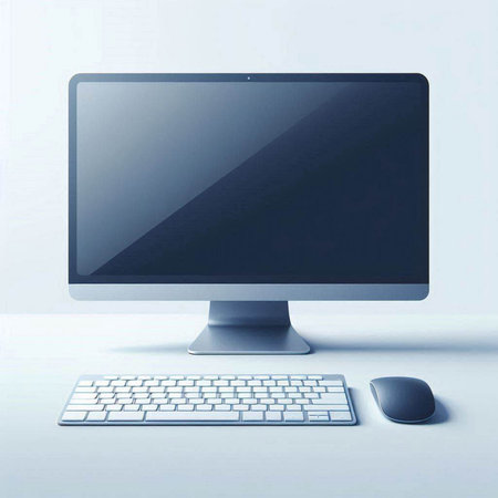 Computer screen with keyboard and mouse on a white background. 3d renderingのイラスト素材