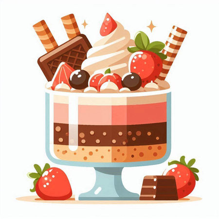 Chocolate ice cream with strawberries, chocolate wafers and wafer rolls. Vector illustration.のイラスト素材