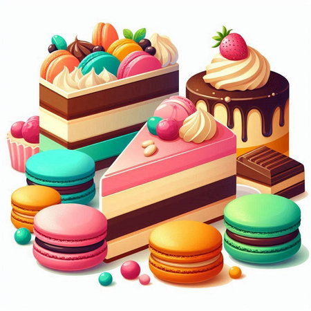 Colorful macaroons and cakes on a white background. Vector illustration.のイラスト素材